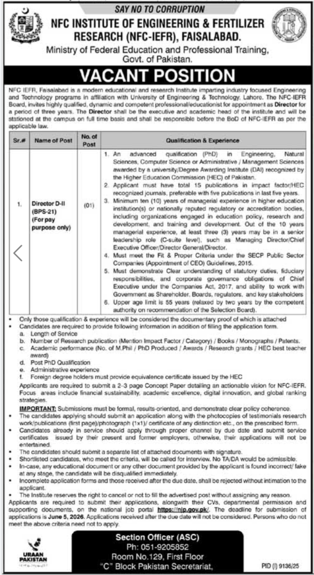 NFC Institute Of Engineering & Fertilizer Research Job 2026 – NFC Institute of Engineering & Technology Multan Jobs 2026 — original advertisement