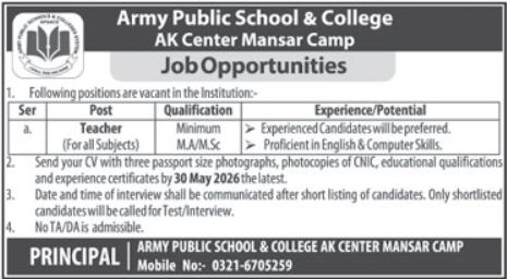 Army Public School & College Mansar Cap Job 2026 – Army Public School & College Paksitan Jobs 2026 — original advertisement