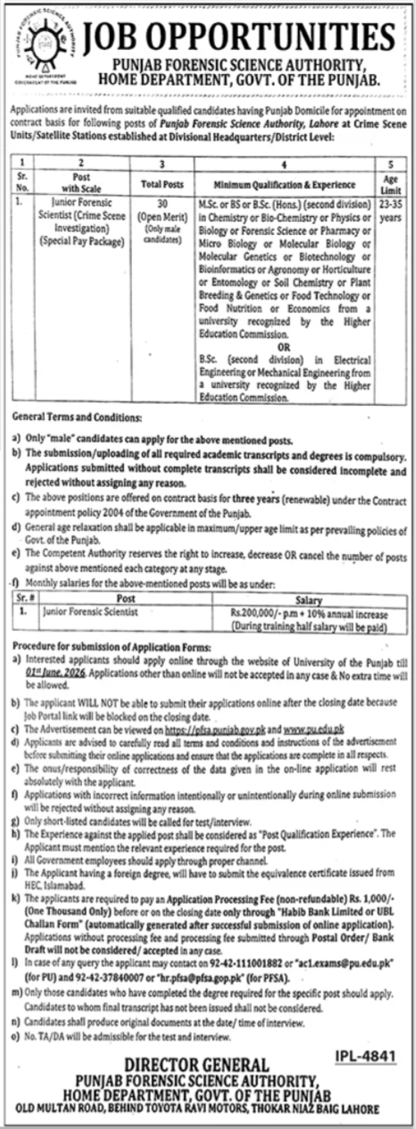 Punjab Forensic Science Authority PFSA Lahore Jobs 2026 – Punjab Forensic Science Agency PFSA Jobs 2026 — original advertisement