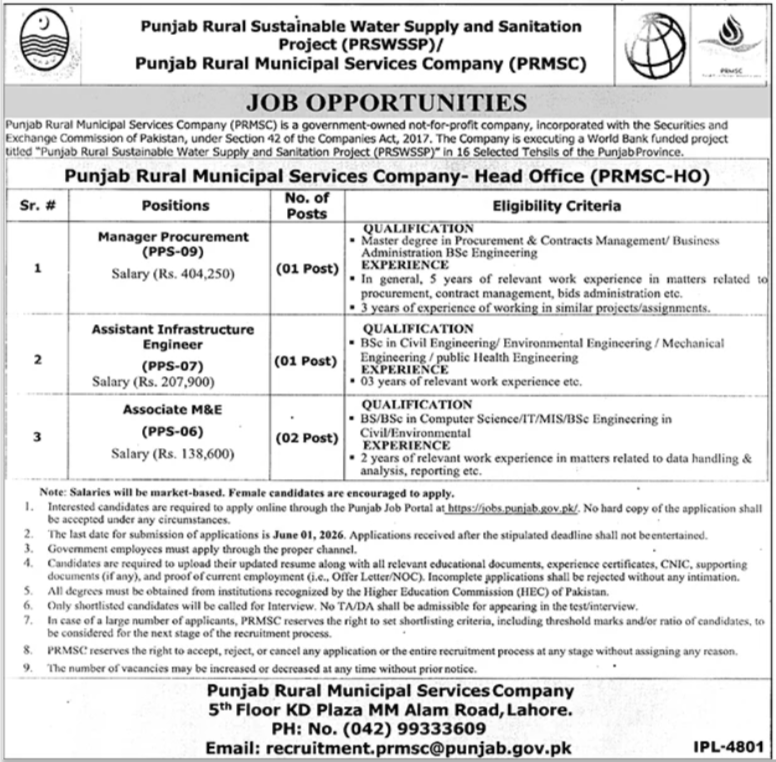 PRSWSSP Punjab Rural Sustainable Water Supply Jobs 2026 – Punjab Rural Municipal Services Company PRMSC Jobs 2026 — original advertisement