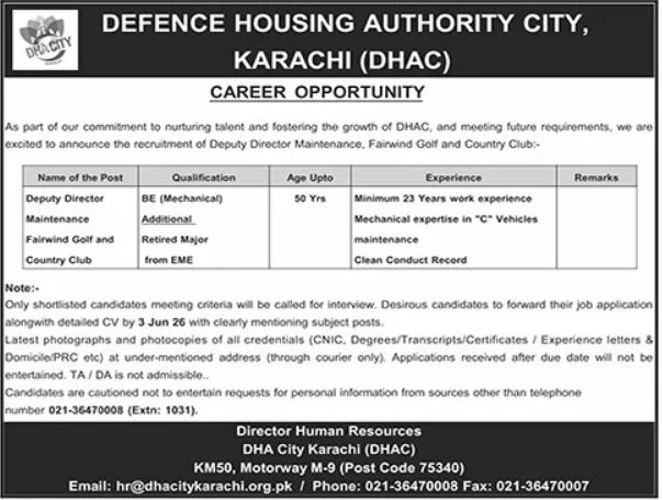 Defence Housing Authority DHA Karachi Job 2026 Jobs 2026 — original advertisement
