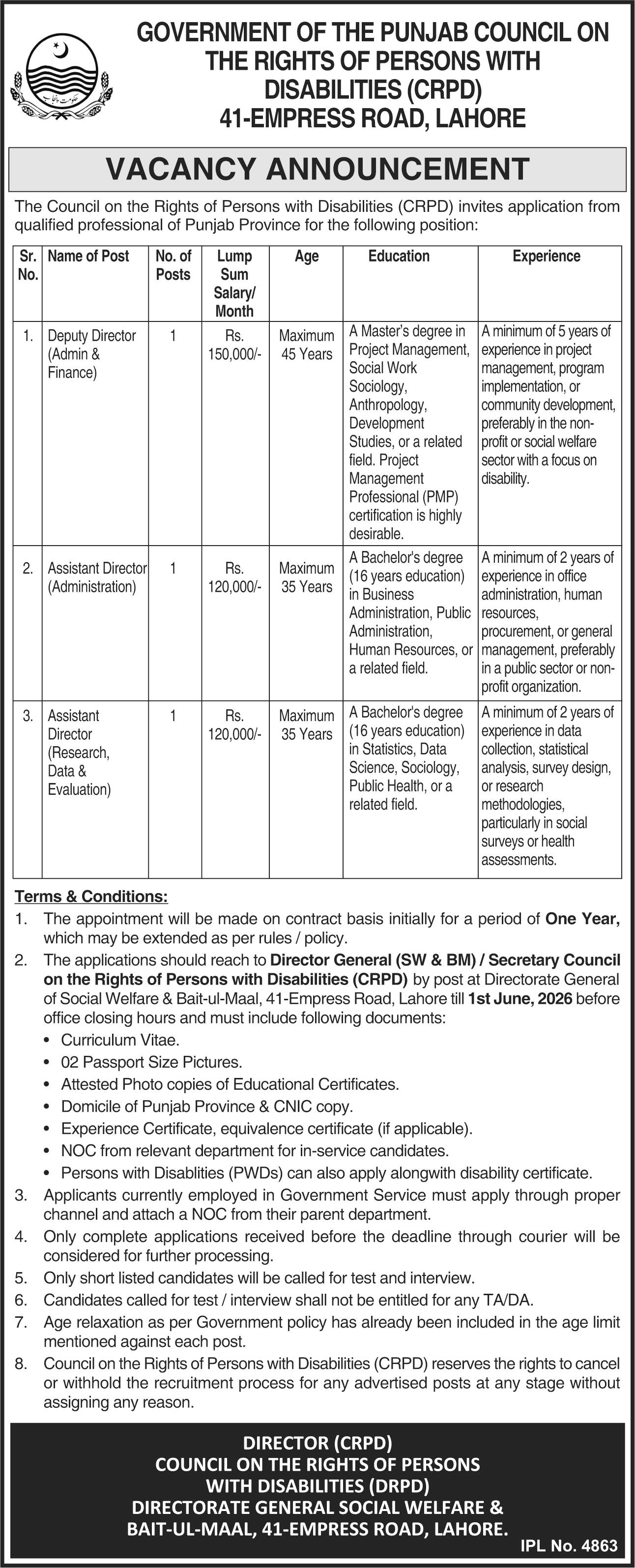 Council On Rights Of Persons With Disabilities CRPD Jobs – Pakistan Council of Architects & Town Planners PCATP Jobs 2026 — original advertisement