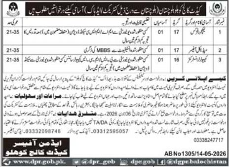 Cadet College Kohlu Jobs 2026 For Lecturer Physics – Cadet College Kohlu Balochistan Jobs 2026 — original advertisement