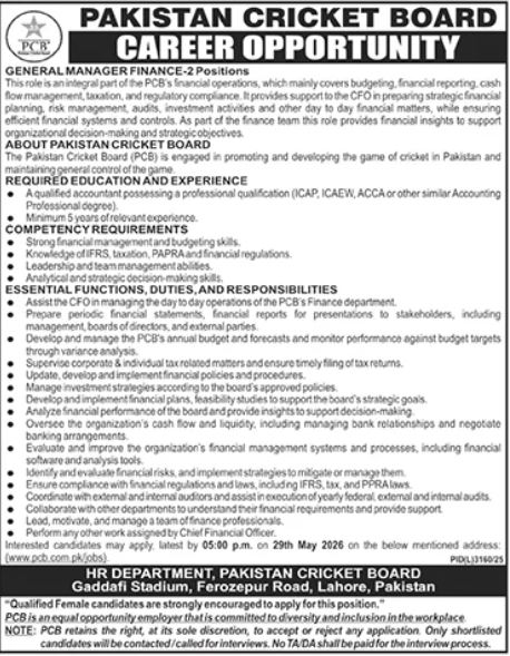 Pakistan Cricket Board PCB Lahore Jobs 2026 – Pakistan Cricket Board (PCB) Jobs 2026 — original advertisement