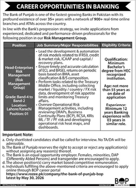 The Bank of Punjab BOP Lahore Jobs 2026 Jobs 2026 — original advertisement