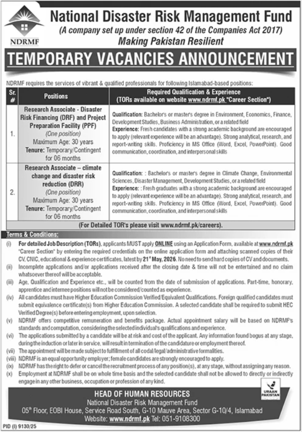 National Disaster Risk Management Fund NDRMF Jobs 2026 – National Disaster Management Authority (NDMA) Pakistan Jobs 2026 — original advertisement