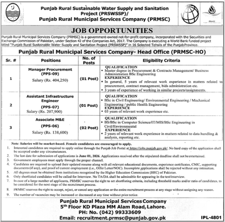 Punjab Rural Municipal Services Company Lahore Jobs Notice – Punjab Rural Municipal Services Company PRMSC Jobs 2026 — original advertisement