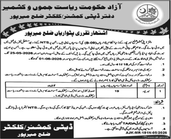 Deputy Commissioner Office Mirpur Jobs 2026 – Govt of Azad Kashmir Jobs 2026 — original advertisement