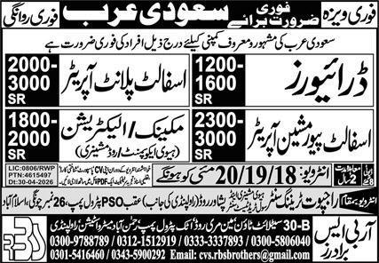 Asphalt Paver Machine Operator & Electrician Jobs 2026 – RBS Brothers Jobs 2026 — original advertisement
