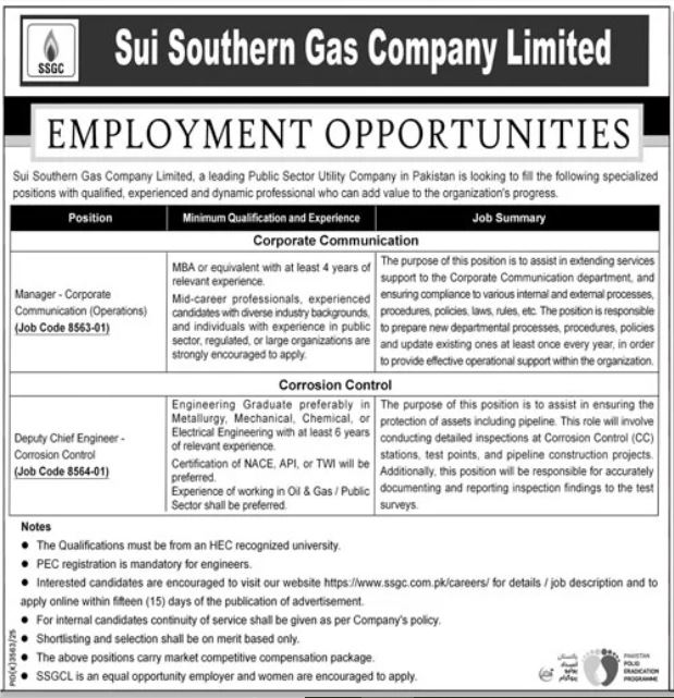 Sui Southern Gas Company Limited SSGC Karachi Jobs 2026 Jobs 2026 — original advertisement