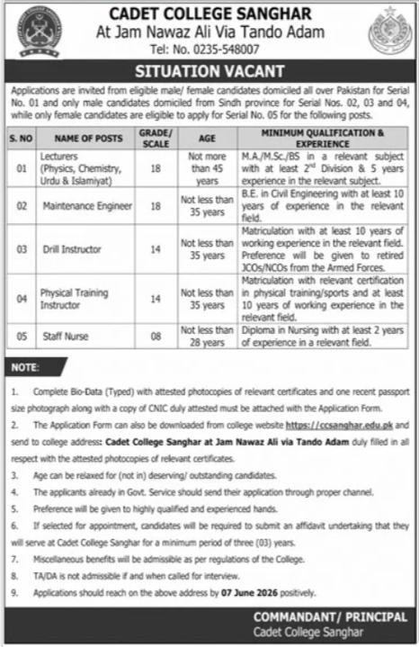 Cadet College Sanghar Jobs 2026 – Cadet College Sanghar Sindh Jobs 2026 — original advertisement