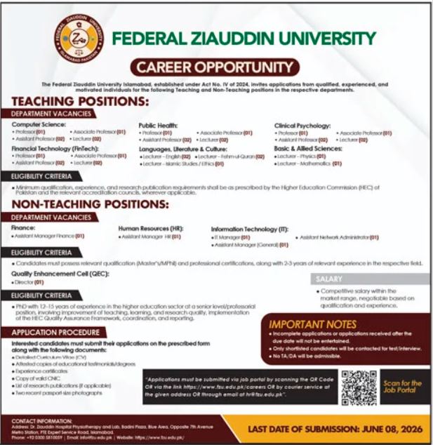 Federal Ziauddin University FZU Islamabad Job 2026 – Federal Urdu University of Arts, Sciences & Technology, Islamabad Jobs 2026 — original advertisement