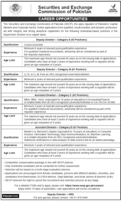 Securities And Exchange Commission Islamabad Jobs 2026 – Securities & Exchange Commission of Pakistan Jobs 2026 — original advertisement