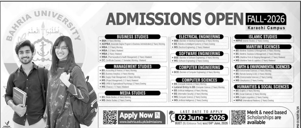 Admission Open in Bahra University Karachi Campus 2026 – Bahria University Admissions 2026 — original advertisement