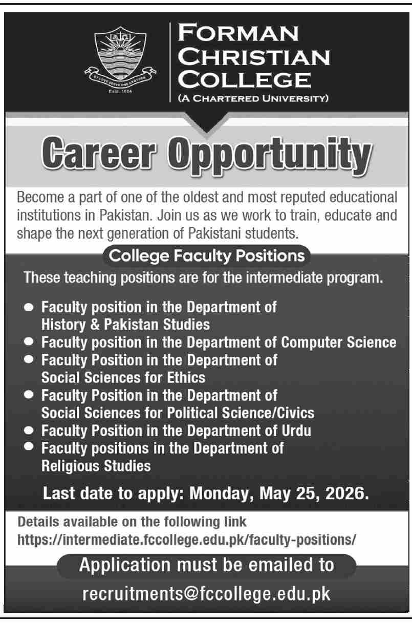 Forman Christan College Lahore Jobs 2026 – Forman Christian College Lahore Jobs 2026 — original advertisement