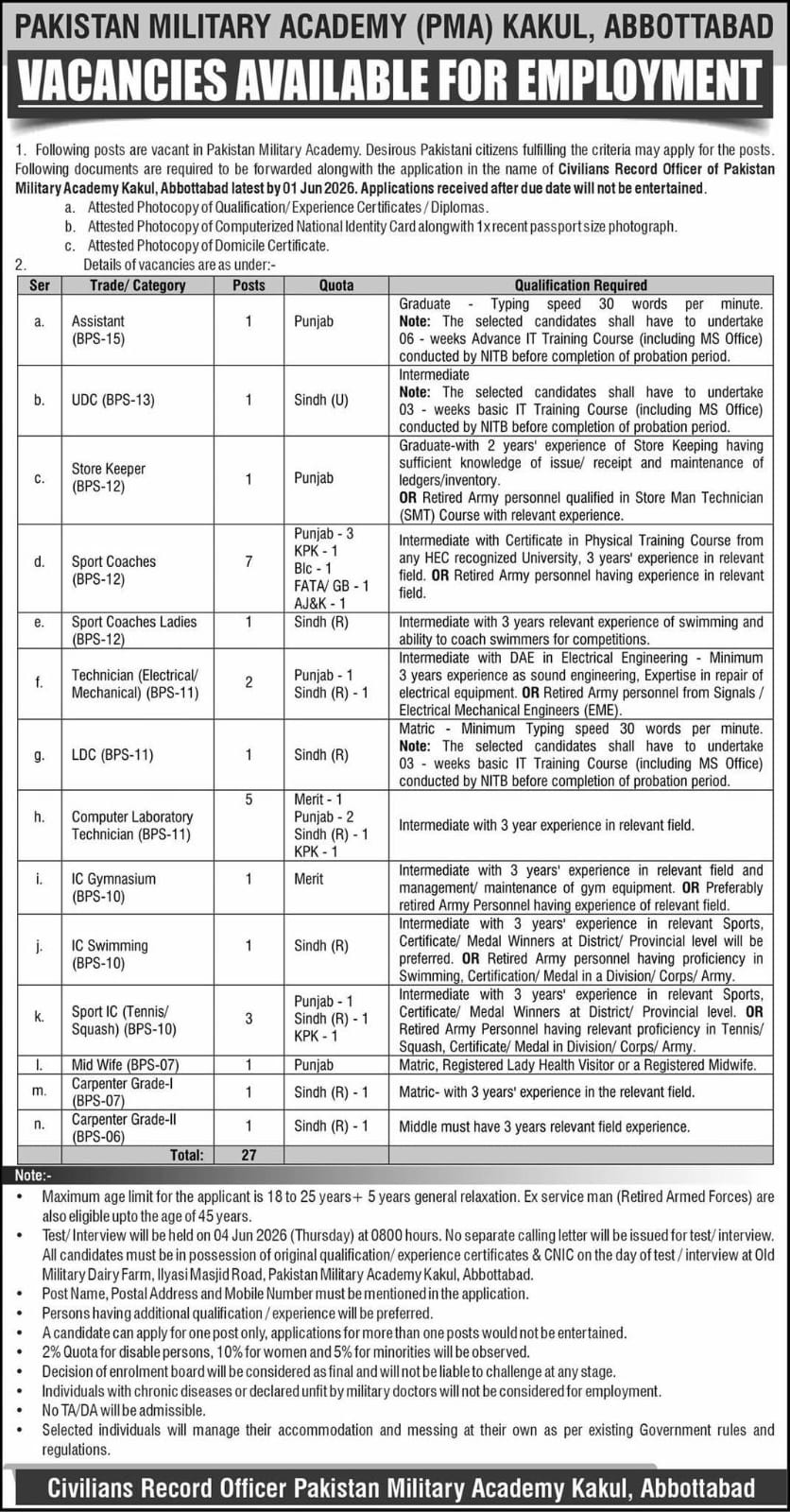 Pakistan Military Academy Pma kakul  Abbottabad jobs Jobs 2026 — original advertisement