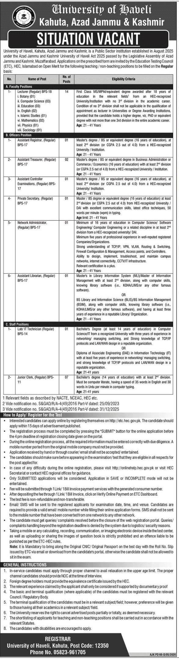 University Of Haveli Azad Jammu & Kashmir Jobs 2026 – Govt of Azad Kashmir Jobs 2026 — original advertisement