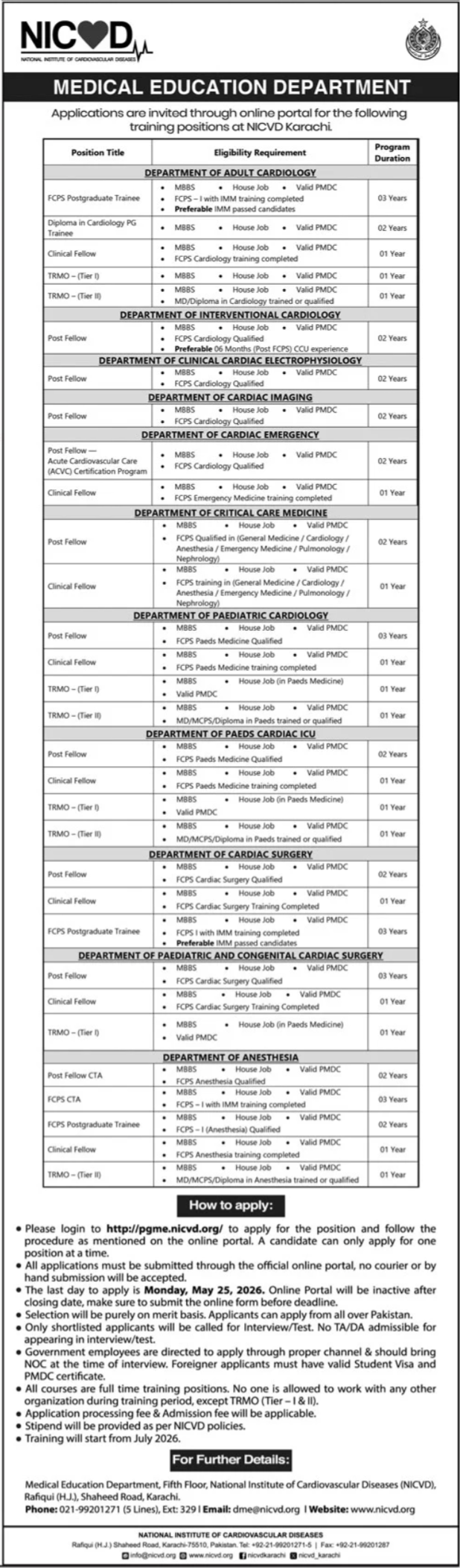 National Institute Of Cardiovascular Diseases NICVD Jobs – National Institute of Cardiovascular Diseases (NICVD) Sindh Karachi Jobs 2026 — original advertisement