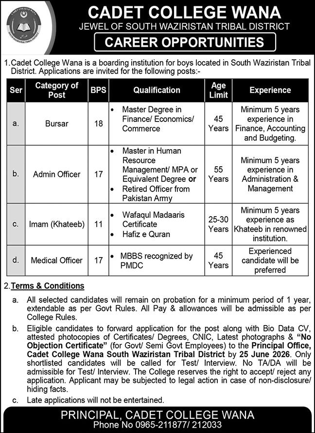 Cadet College Wana South Wazirstan Jobs 2026 Jobs 2026 — original advertisement