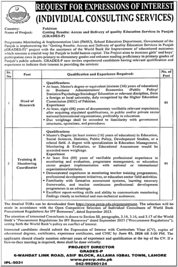 Programme Monitoring & Implementation Unit PMIU Lahore Jobs – Public Sector Organization Jobs 2026 — original advertisement