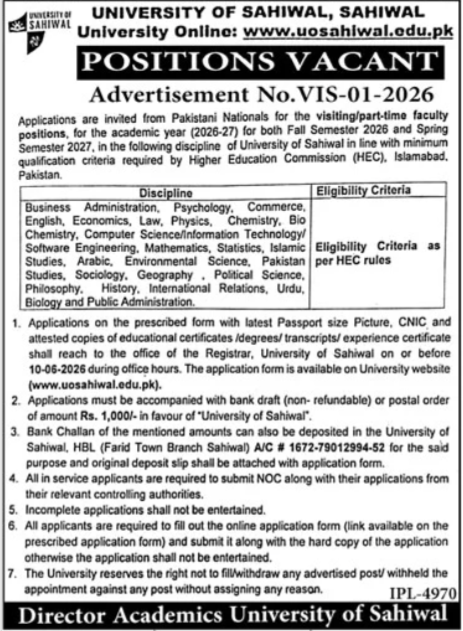 University Of Sahiwal Job 2026 Jobs 2026 — original advertisement