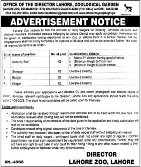 Lahore Zoo Punjab Jobs 2026 – Public Sector Organization Jobs 2026 — original advertisement