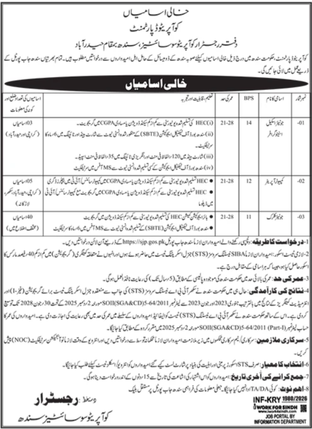 Cooperatives Department Hyderabad Jobs 2026 – Cooperative Department Sindh Jobs 2026 — original advertisement