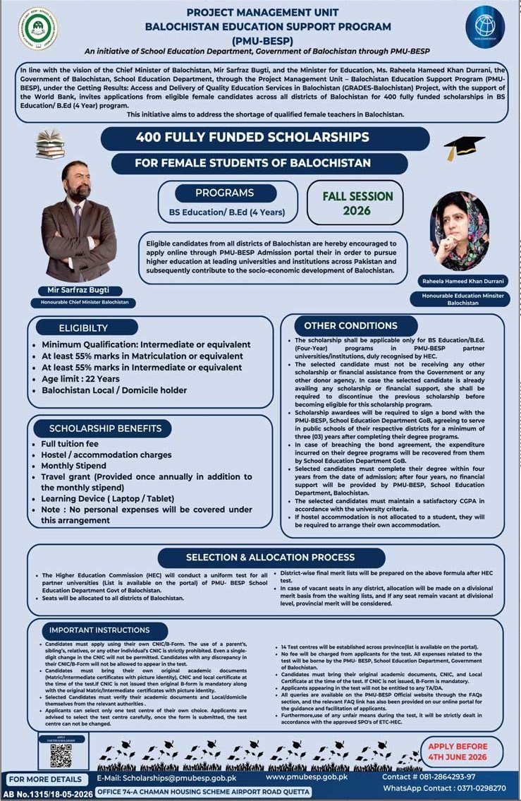 fully funded scholarship opportunity for female students – Balochistan Education Endowment Fund (BEEF) Scholarships 2026 — original advertisement