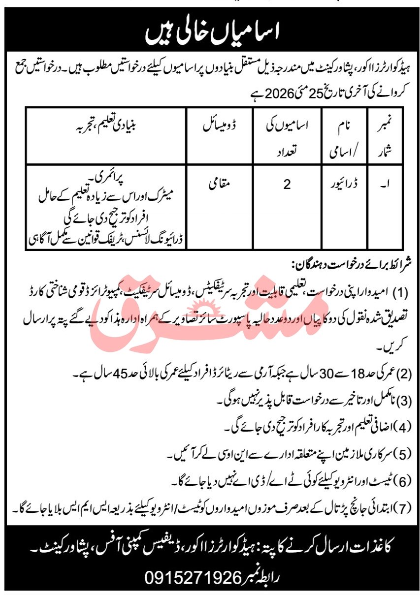 Headquarter 1 Core Peshawar Cantt Job 2026 – Pakistan Army Jobs 2026 — original advertisement