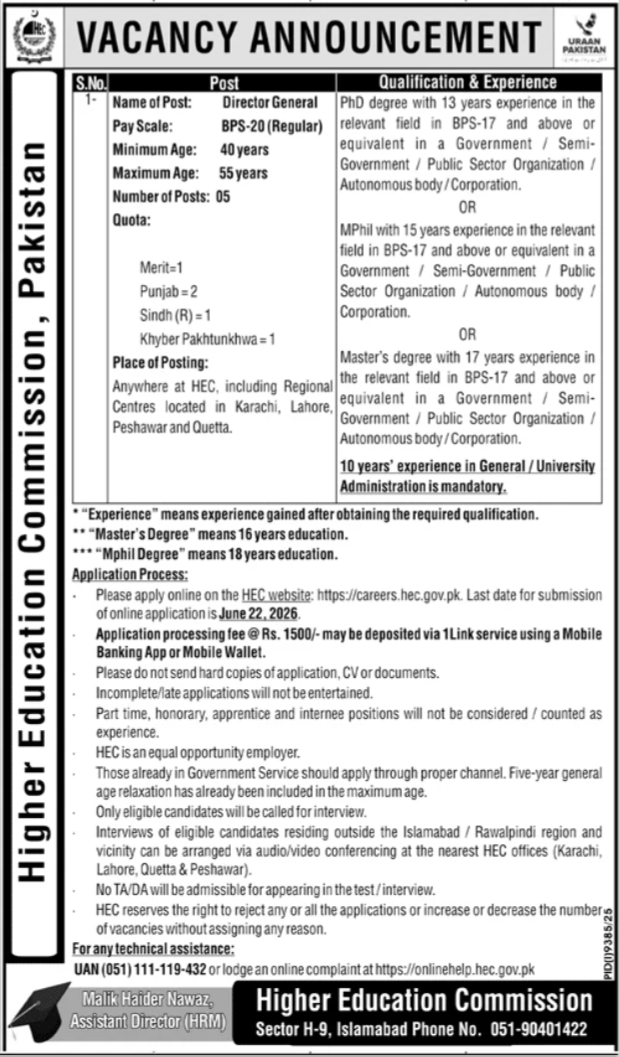 Higher Education Commission HEC Islamabad Job 2026 – Higher Education Commission Islamabad Jobs 2026 — original advertisement