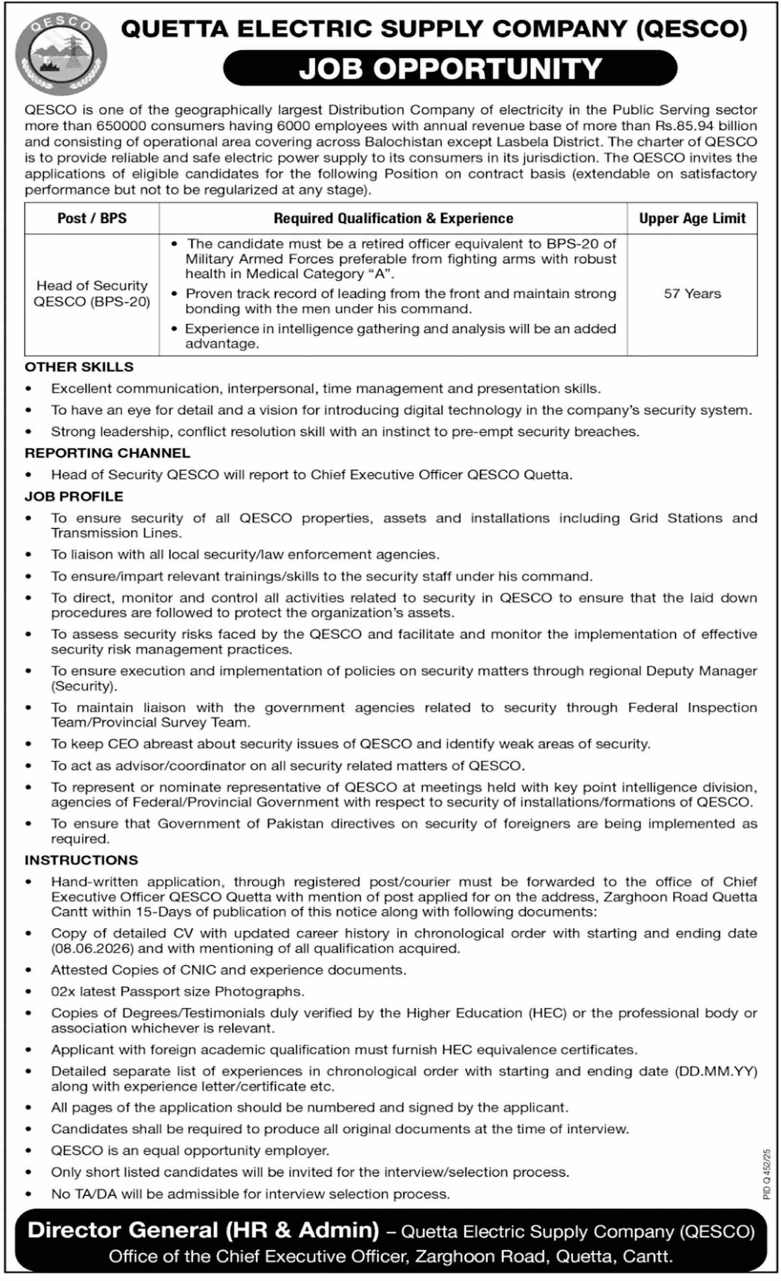 Quetta Electric Supply Company QESCO Jobs 2026 Jobs 2026 — original advertisement
