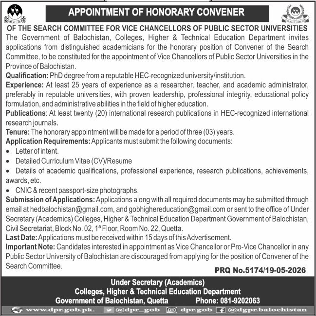 Colleges Higher & Technical Education Department Jobs 2026 – Colleges Higher and Technical Education Department Balochsitan Jobs 2026 — original advertisement