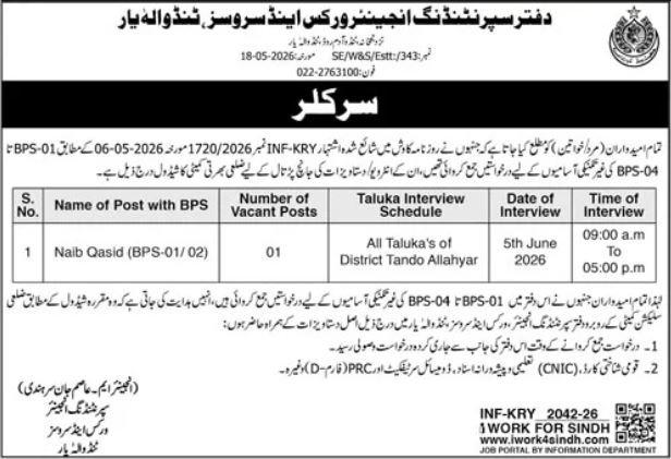 Engineer Works And Services Department Tando Allayar Job – Govt of Sindh Jobs 2026 — original advertisement