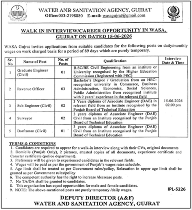 Water And Sanitation Agency WASA Gujrat Jobs 2026 – Water and Sanitation Agency (LDA) Lahore Jobs 2026 — original advertisement