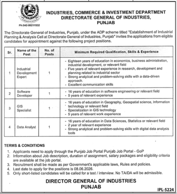 Industries Commerce & Investment Department Lahore Jobs 2026 – Industries Commerce Investment & Skills Development Department Punjab Jobs 2026 — original advertisement