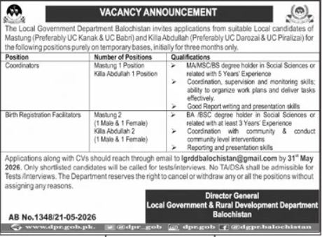 Local Government Department Quetta Jobs 2026 – Local Government and Rural Development Department Balochistan Jobs 2026 — original advertisement