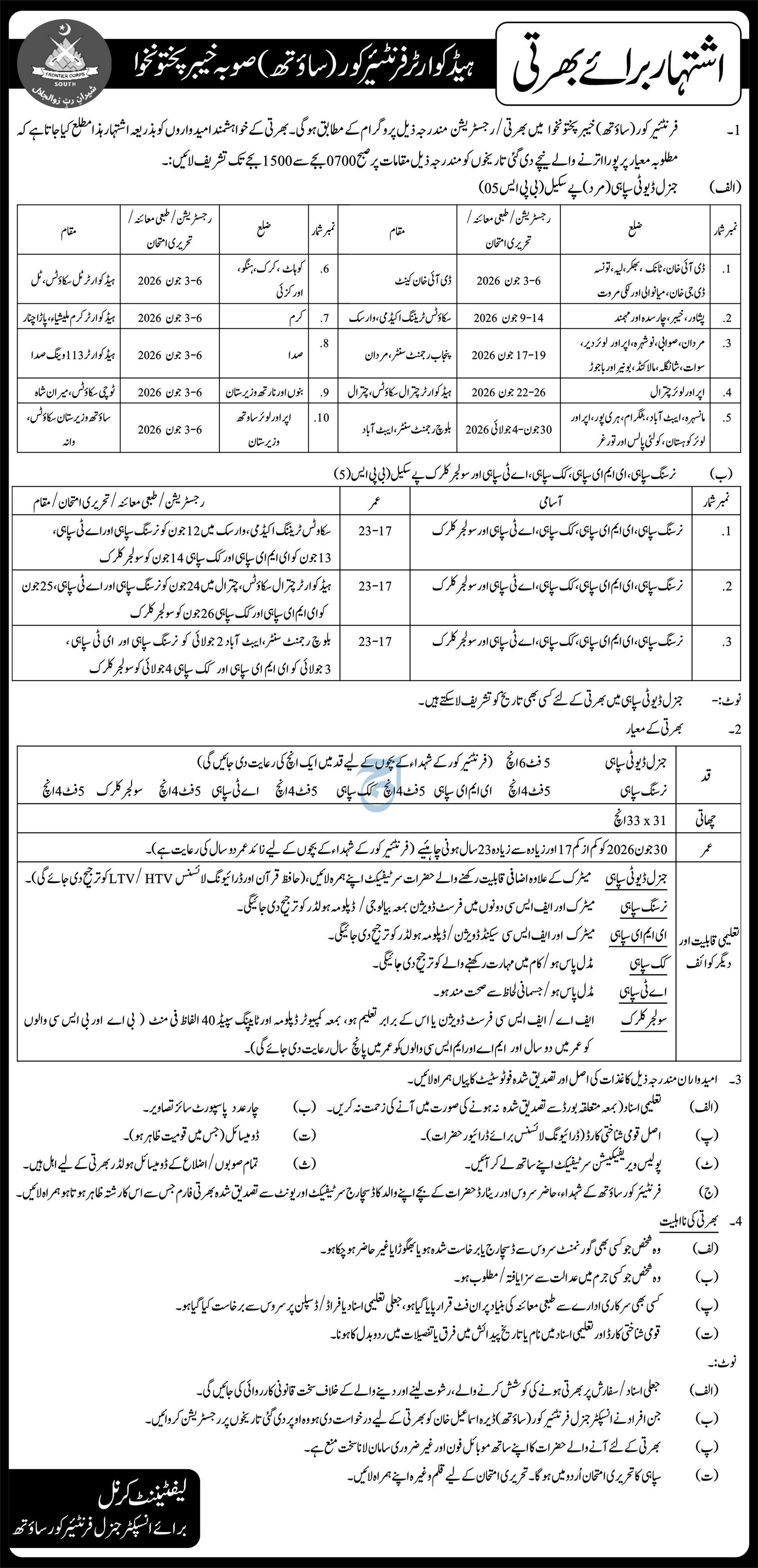 Headquarter Frontier Core Peshawar Jobs 2026 – Frontier Corps Kpk Jobs 2026 — original advertisement