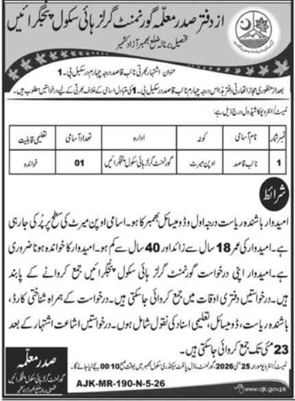 Government Girls High School Bhimber Job 2026 – Govt of Azad Kashmir Jobs 2026 — original advertisement