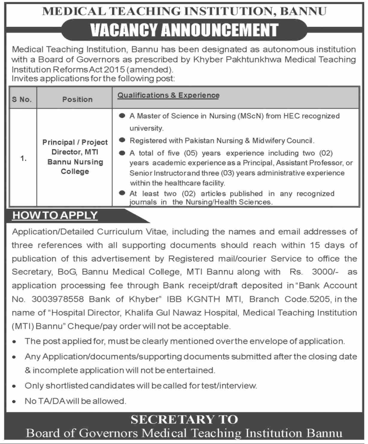 Medical Teaching Instittue Bannu Jobs 2026 – Medical Teaching Institute MTI Khyber Teaching Hospital Peshawar Kpk Jobs 2026 — original advertisement