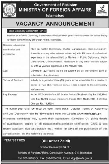 Ministry of Foreign Affairs Islamabad Jobs 2026 – Ministry of Foreign Affairs (MOFA) Pakistan Jobs 2026 — original advertisement