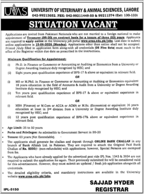 University of Veterinary and Animal Sciences UVAS Jobs 2026 – University of Veterinary and Animal Sciences Lahore Jobs 2026 — original advertisement