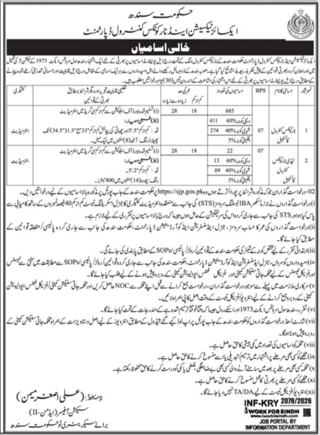 Excise Taxation & Narcotics Control Department Sindh Jobs Jobs 2026 — original advertisement