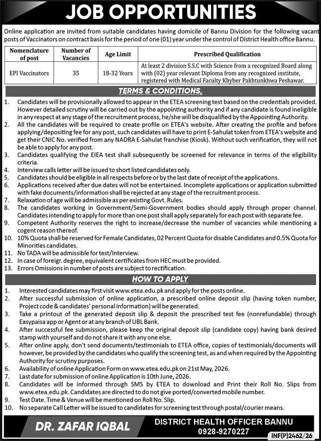 Health Department Bannu Jobs 2026 For EPI Vaccinator – Health Department KPK Jobs 2026 — original advertisement