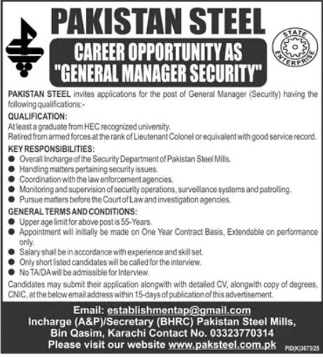 Pakistan Steel Mills Limited Karachi Job 2026 Jobs 2026 — original advertisement