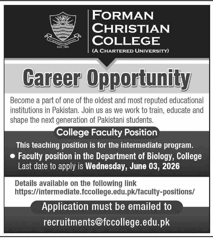 Forman Christian College Jobs 2026 – Forman Christian College Lahore Jobs 2026 — original advertisement