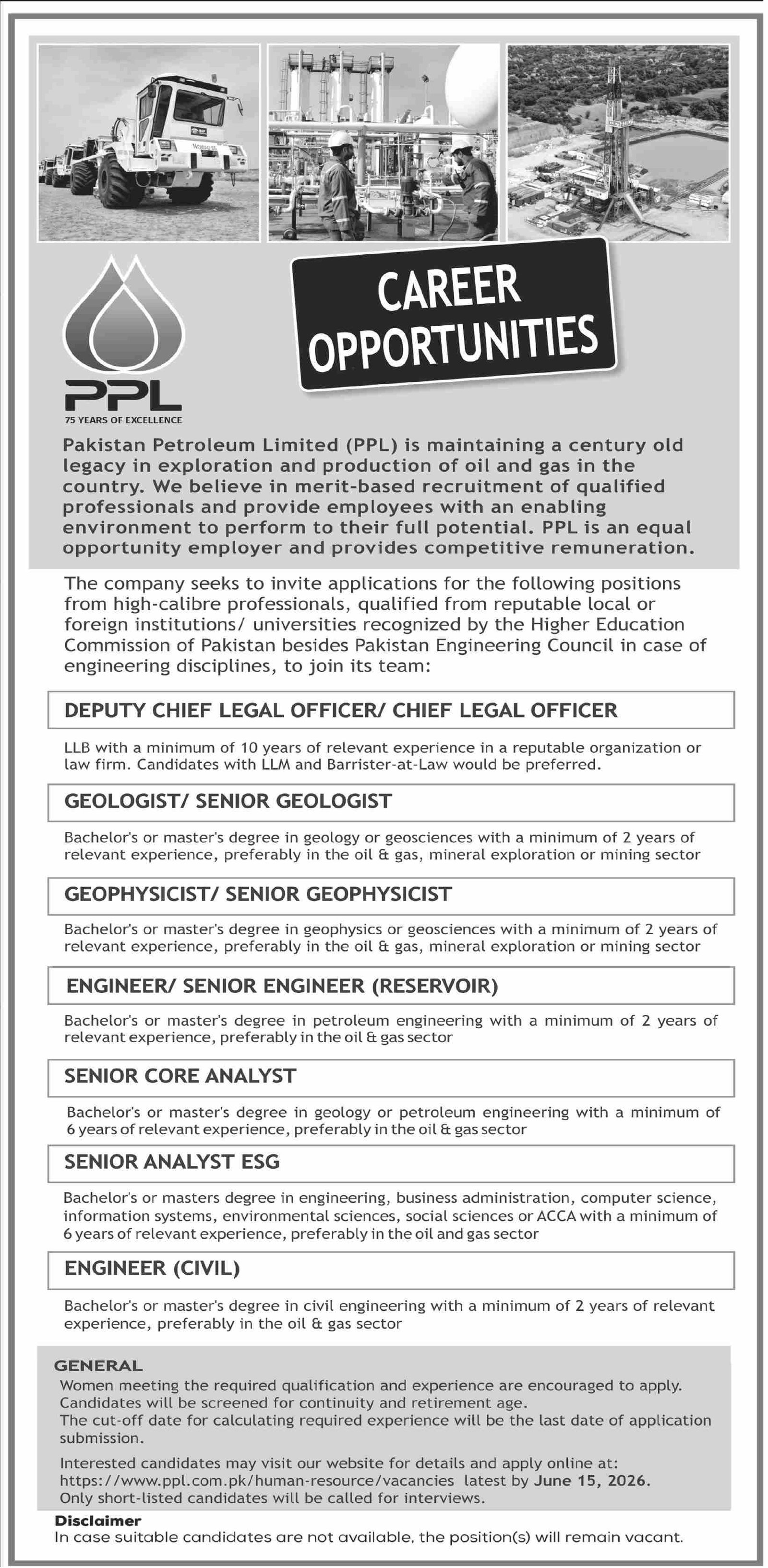 Pakistan Petroleum Limited PPL Karachi Jobs 2026 – Pakistan Petroleum Limited (PPL) Jobs 2026 — original advertisement
