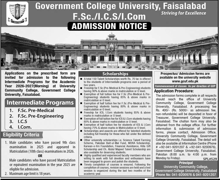 Admission Open in Government College University Faislabad – Government College University Lahore Admissions 2026 — original advertisement