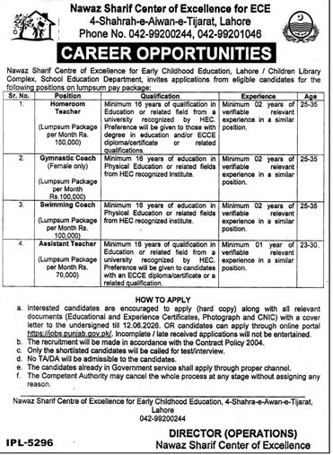 Nawaz Sharif Center of Excellence Lahore Jobs 2026 – Public Sector Organization Jobs 2026 — original advertisement