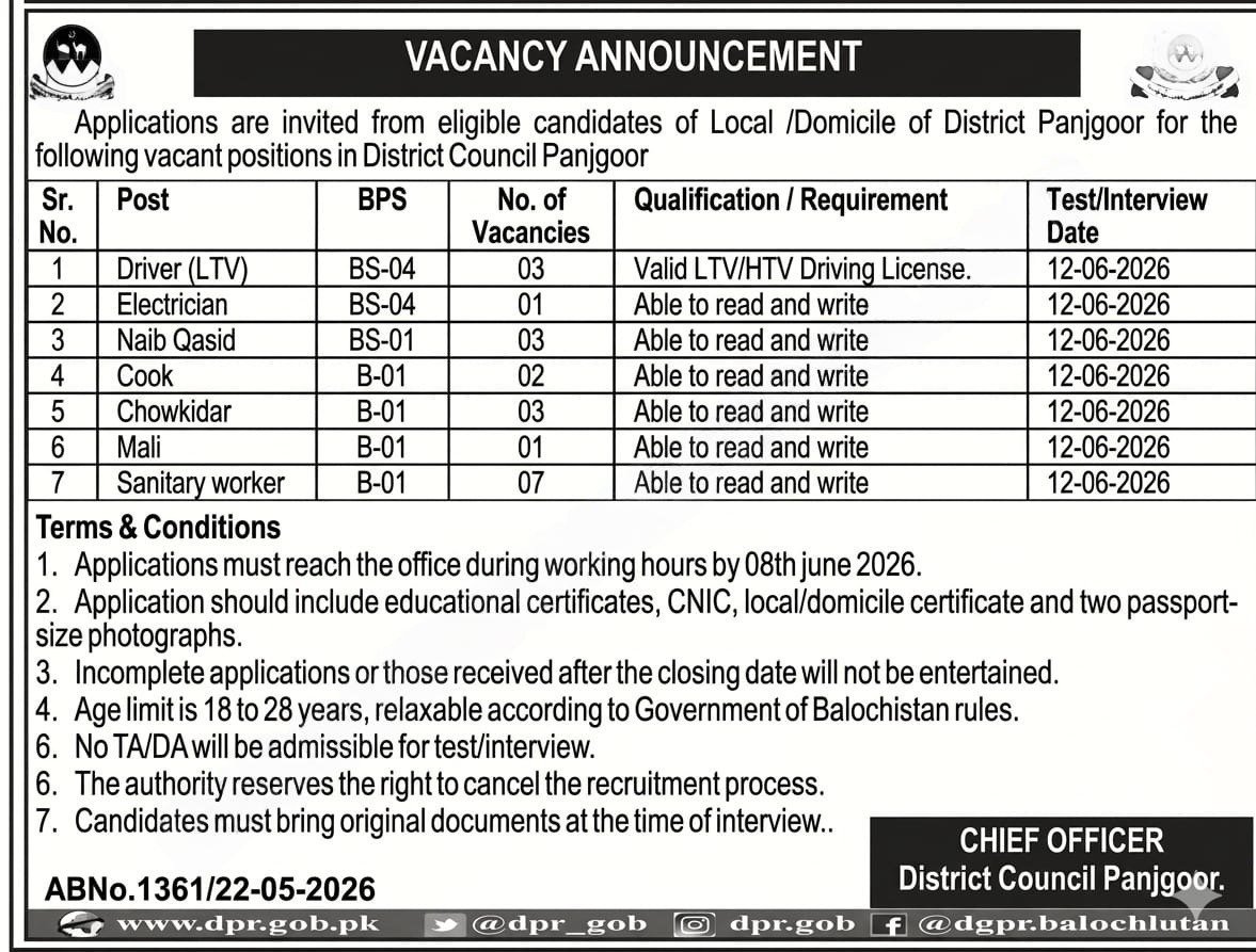 District Council Panjgur Jobs 2026 Jobs 2026 — original advertisement