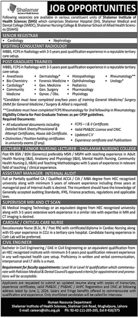 Shalamar Institute Of Health Sciences Lahore Jobs 2026 Jobs 2026 — original advertisement